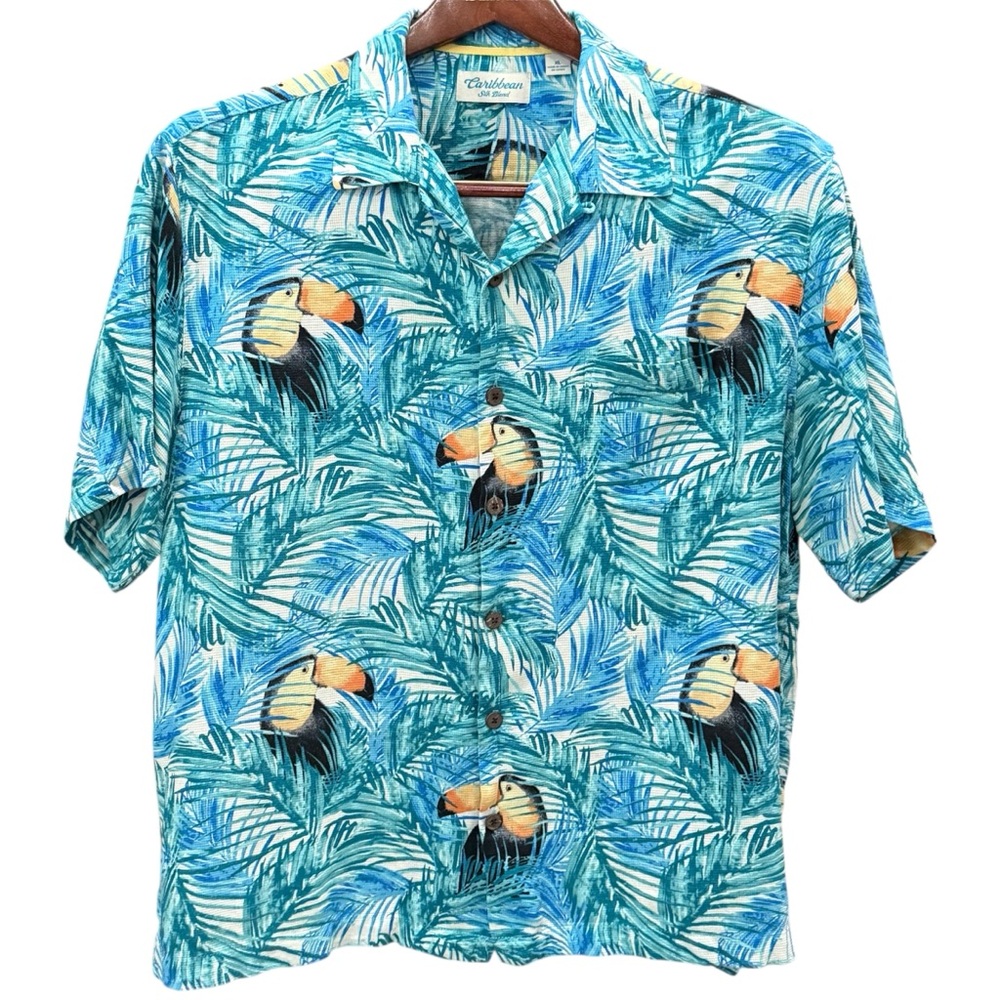 Caribbean Men’s XL Silk Blend Toucan Tropical Hawaiian Shirt Teal Blue
